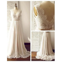 A Line Wedding Dress White Sweep Train V Neck Chiffon Long Beach Dress